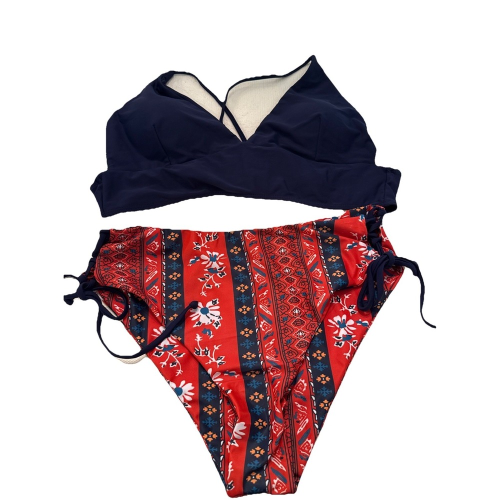 Zaful Swim | Zaful 2 Piece Bikini Reversible blue / floral tie stringed XL